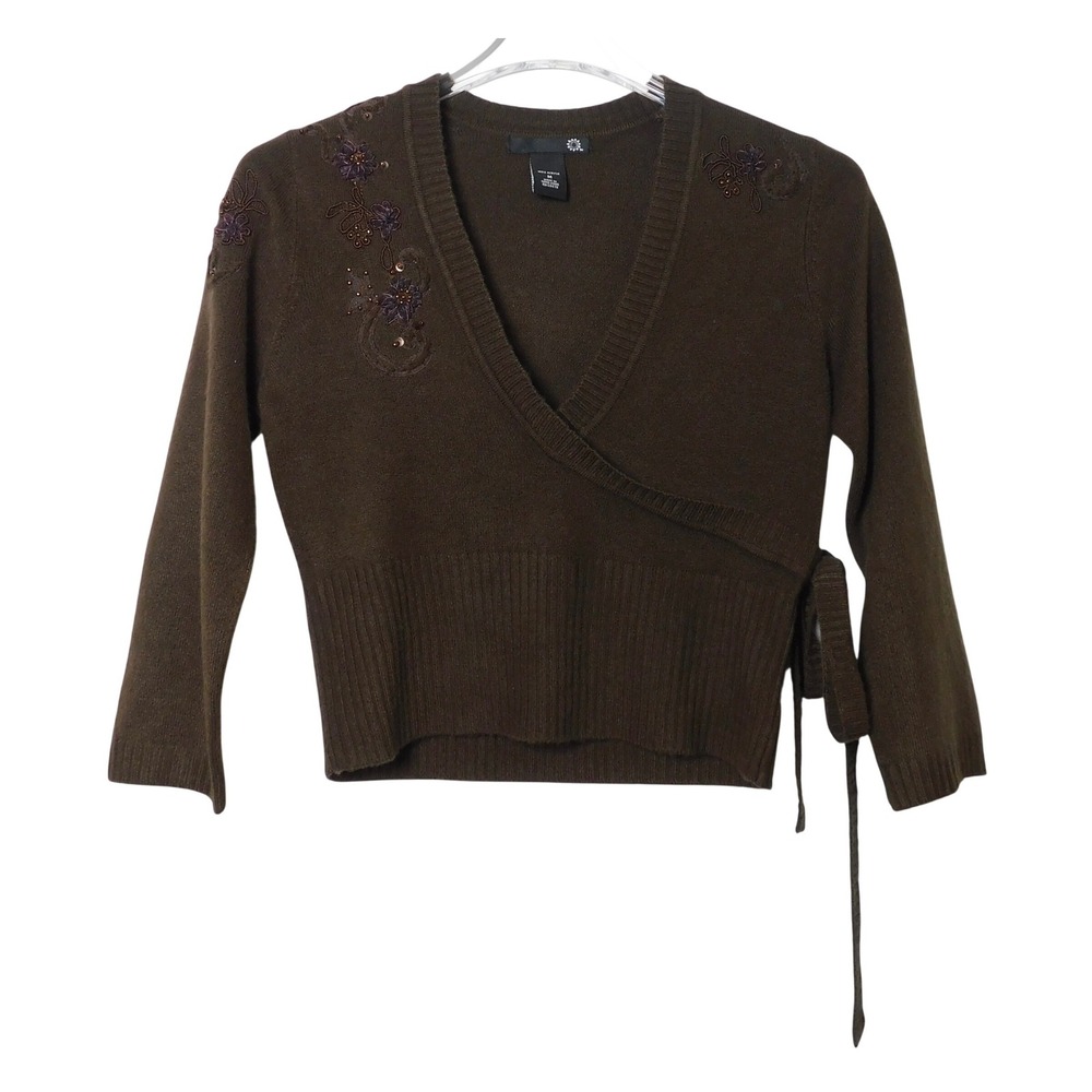 Vintage Brown Floral Embroidered Faux Wrap Cardigan Sequin Beaded Sweater M